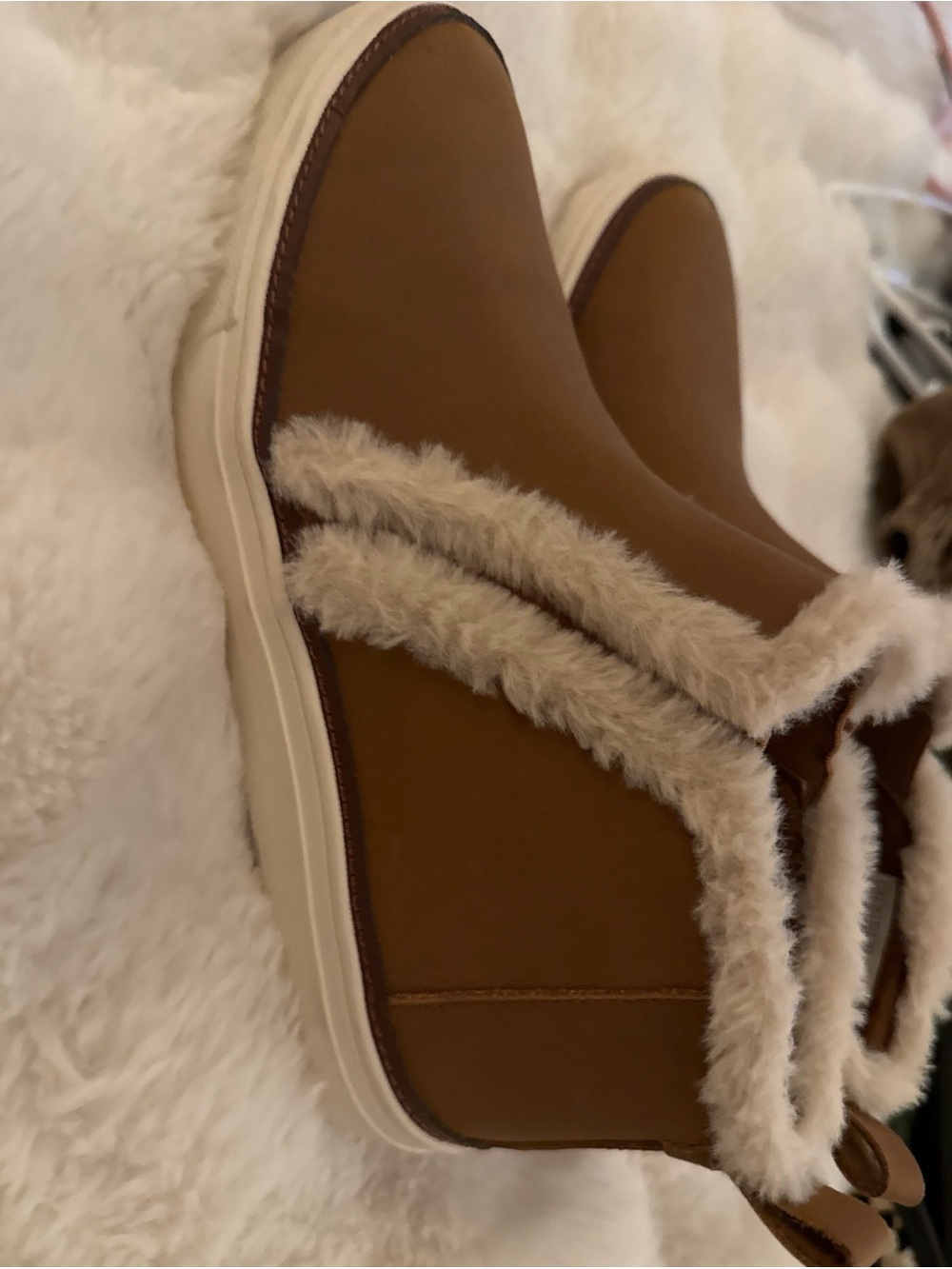 Toms Brown Faux-Fur Trim Ankle Booties with Cream Sole